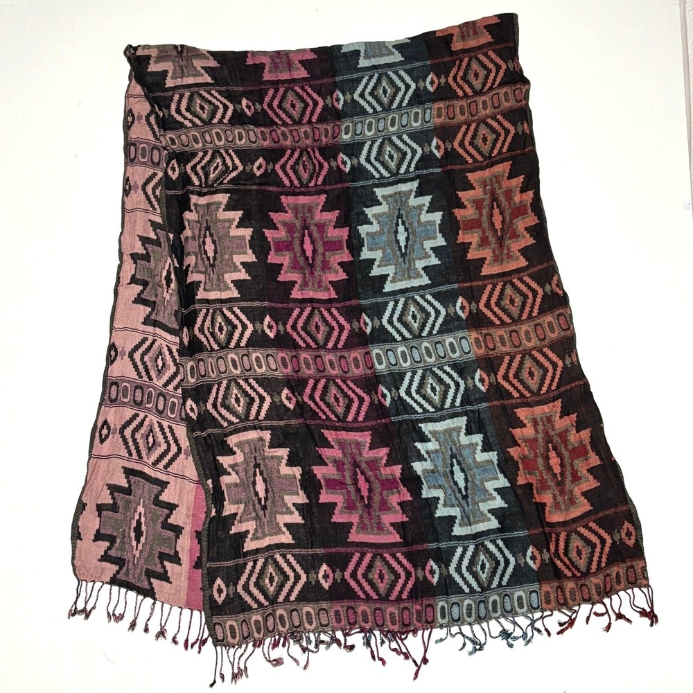 Bijoux Terner Scarf Women OS Multicolor‎ Geometric Tribal Fringe Boho Soft Cozy